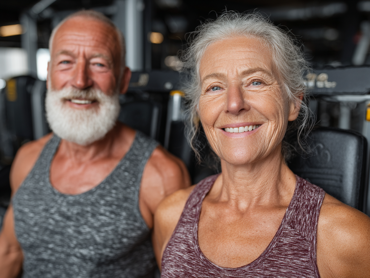 Активни възрастни хора правят упражнения в градината